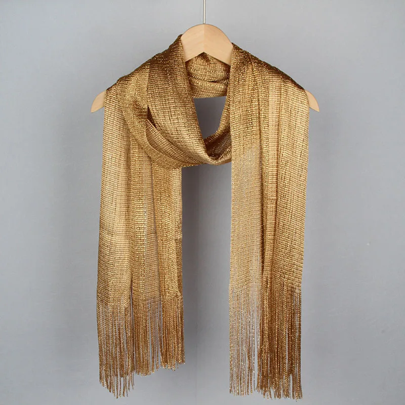 

Fashion Gold Silver Bright Silk Sunscreen Scarf Female Long Tassel Evening Party Dress Shawl Summer Thin Beach Bikini Sun Cloak