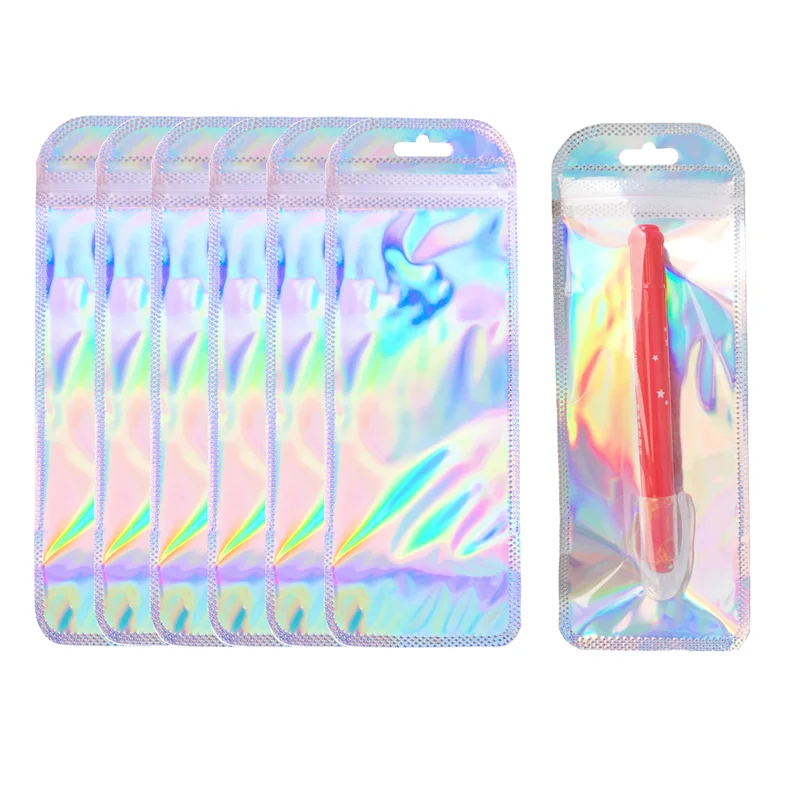 50pcs Holographic Reusable Plastic Bag Lip Gloss Zipper Lock Pouch Small Business Clear Window Mylar Laser Pen Bags For Favors