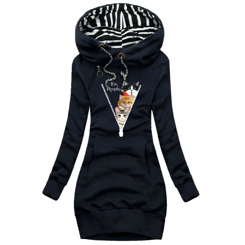 Moda feminina bonito gatos imprimir camisola com capuz vestido outono e inverno manga comprida hoodie vestido fino ajuste pulôver camisola vestido