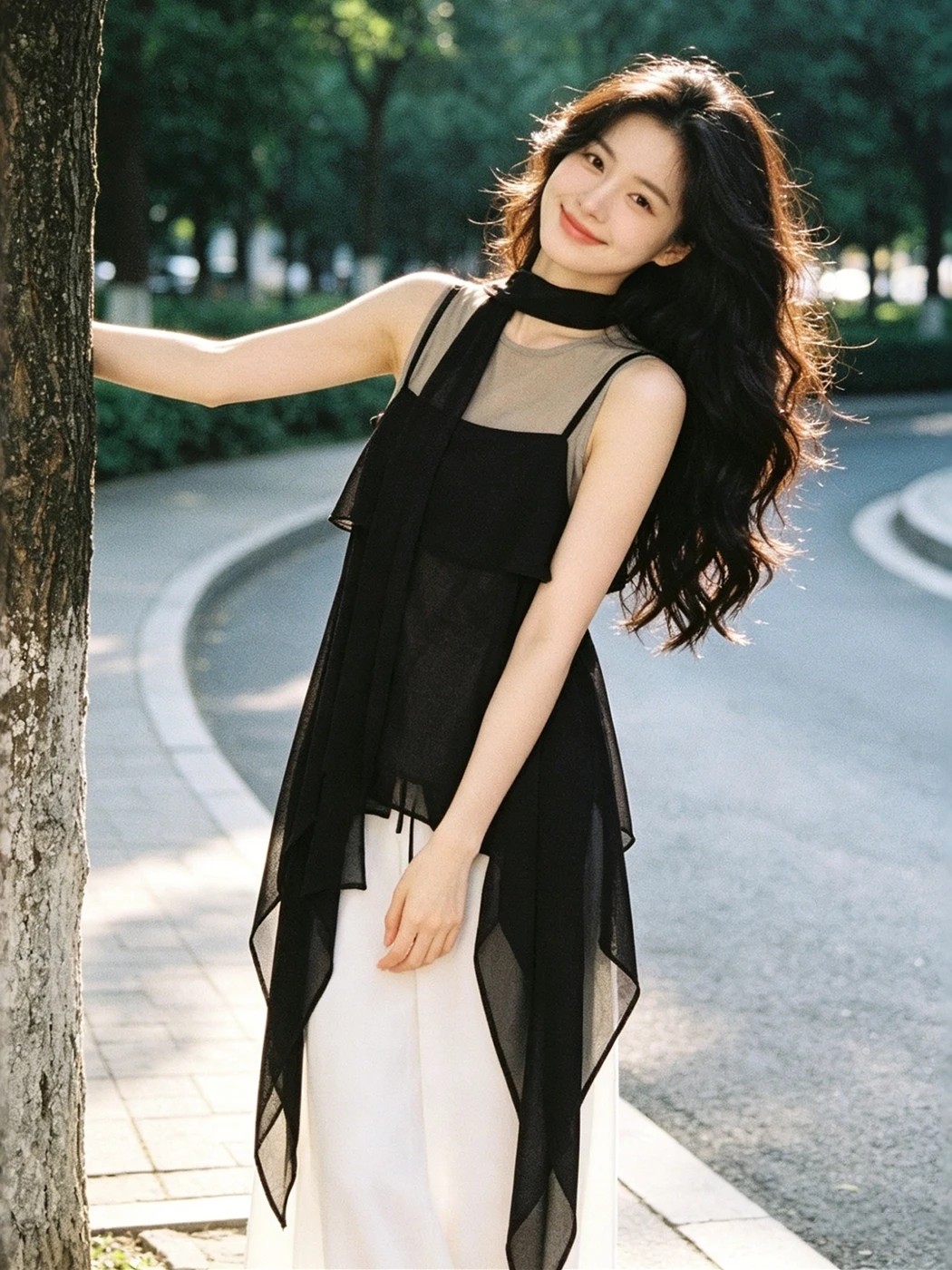 

Summer New Korean Style Chic Asymmetrical Thin Veil Sash Sleeveless Strap Vest Outerwear Two-Piece Set Women Breathable Casual