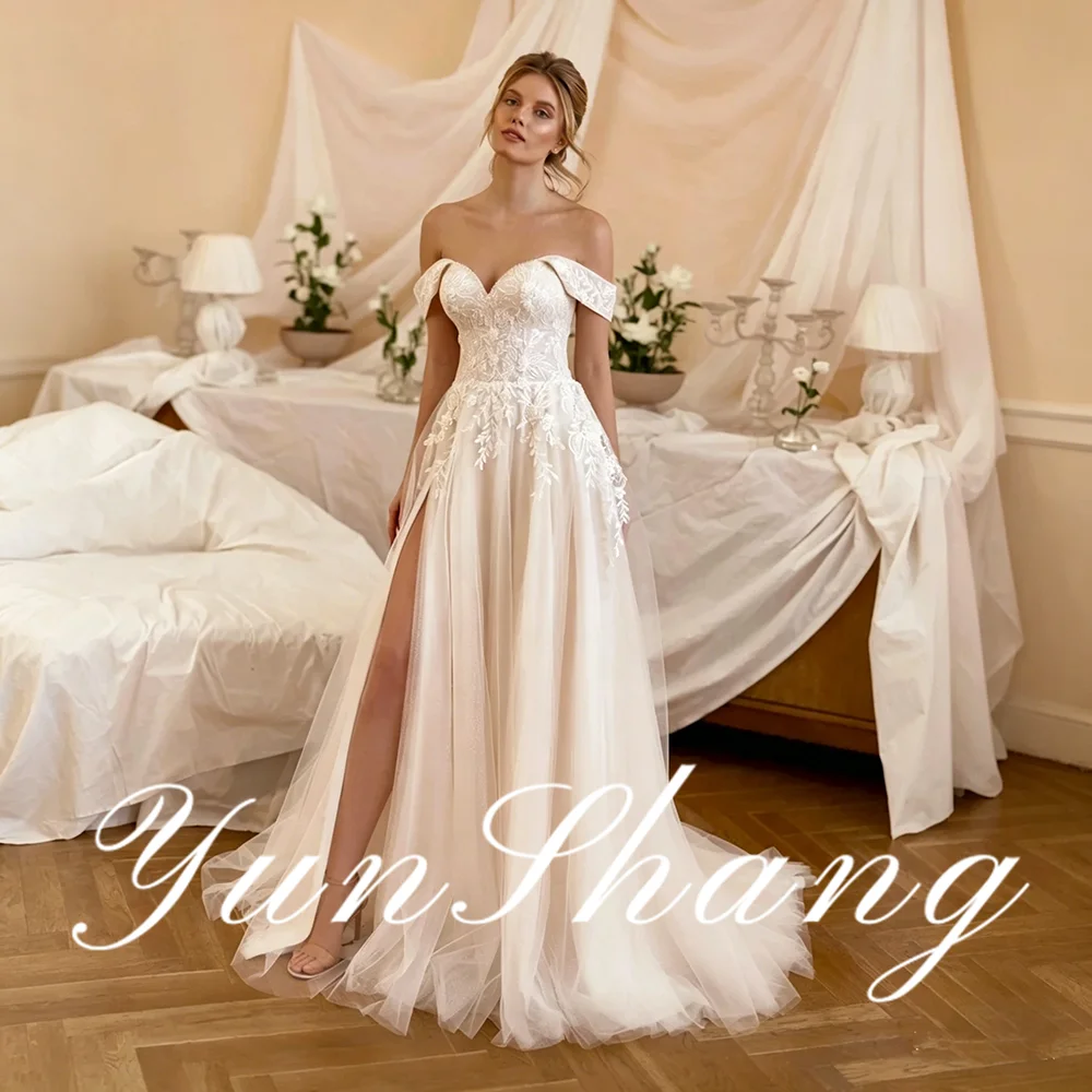 

YunShang Customized A-Line Tulle Wedding Dress Sweetheart Appliques Off The Shoulders High Side Slit Backless Train Bridal Gowns