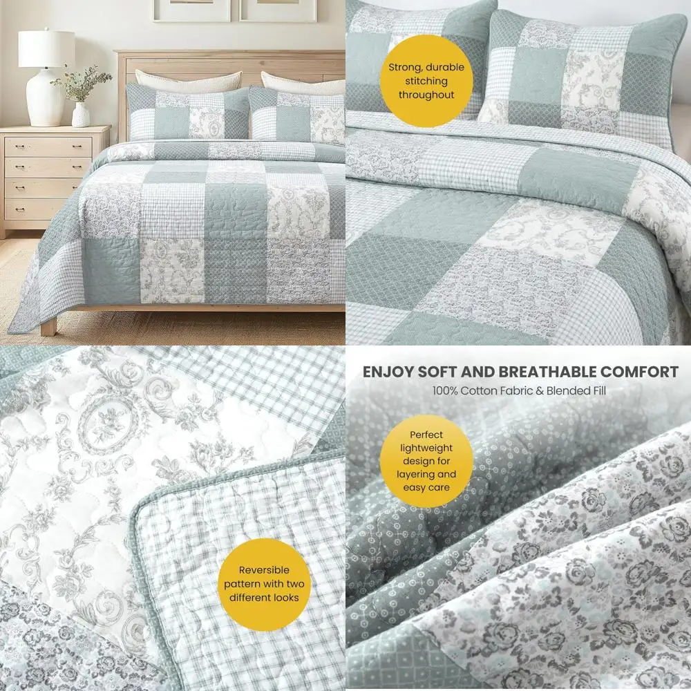 

Комплект хлопкового одеяла для двуспальных кроватей: одеяло в стиле пэчворк «Шалфейно-зеленое» с 1-мя оттенками, легкий и уютный