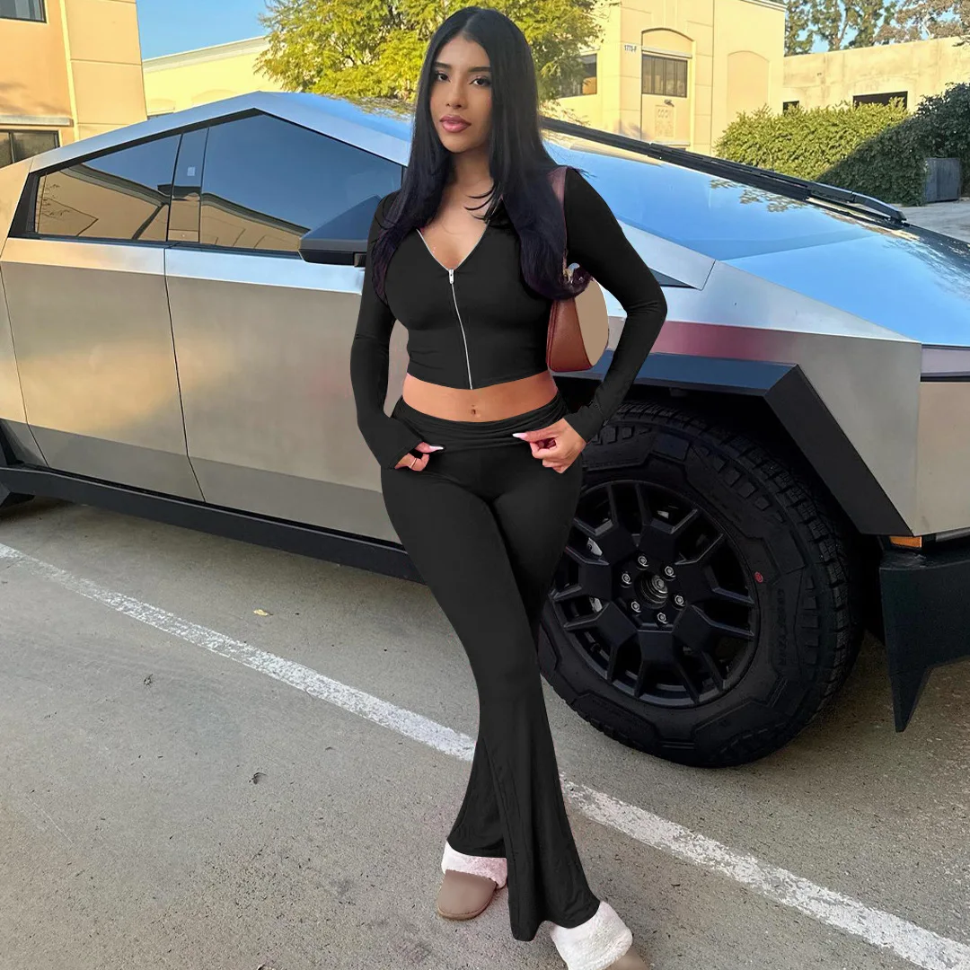 Custom LOGO Women\'s Clothing 2024 Spring and Autumn New Zipper Long Sleeve Hooded Top Flared Pants Fashion Casual Suit
