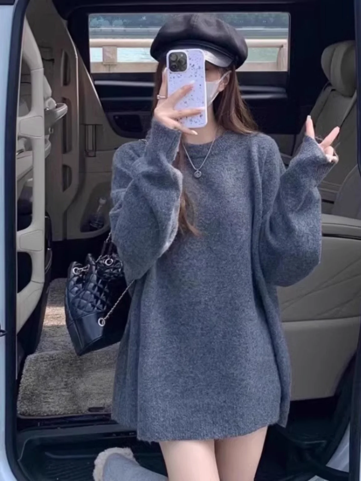 

Cozy Lazy Sle Women's Knitwear Sweater Autumn Winter Outerwear Casual Loose Mid-Length Inner Wear round Ne Long Sve