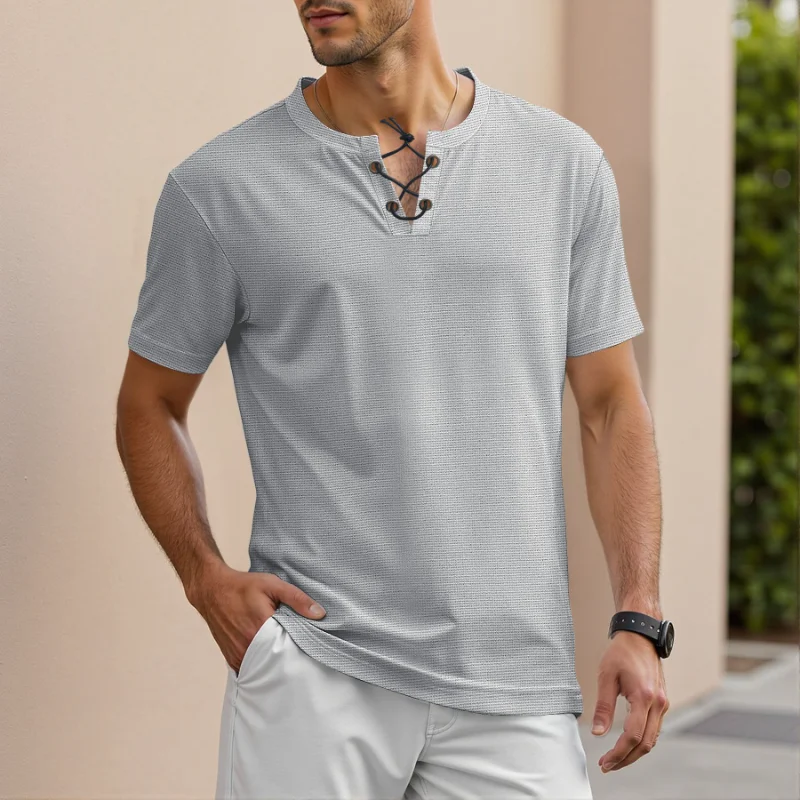 Men Waffle Knit Lace Up V Neck Short Sleeve T Shirt Solid Color Loose Breathable Casual Plus Size American Style Summer Tops