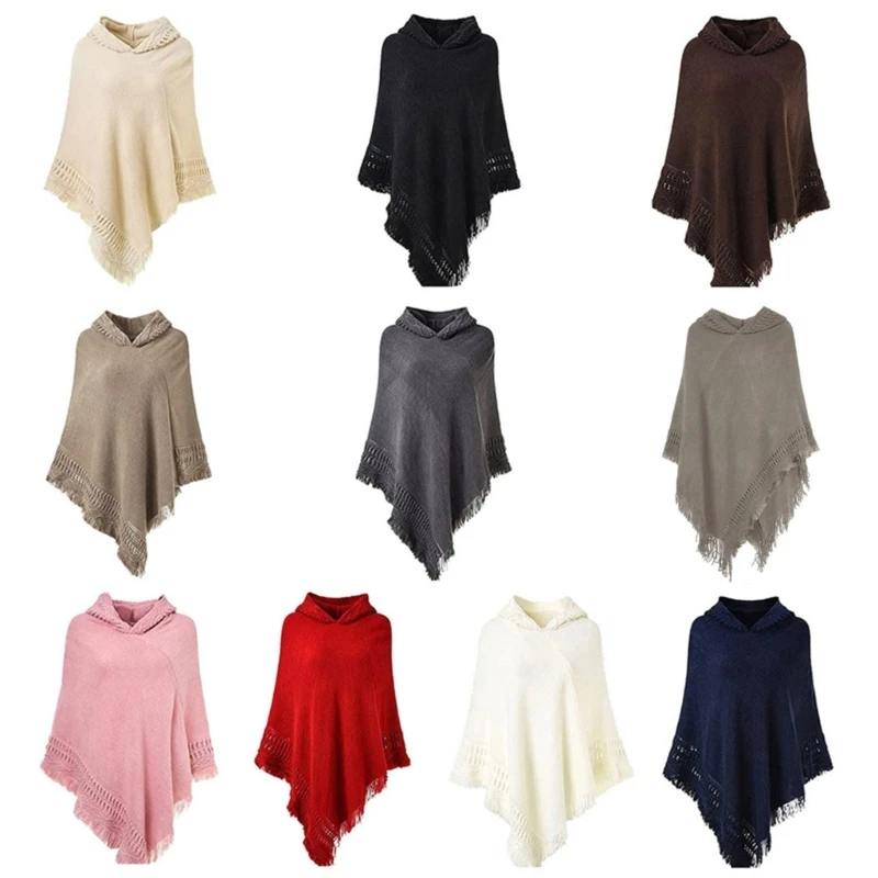 Women Winter Knitted Hooded Poncho Cape Solid Color Crochet Fringed Tassel Shawl Wrap Oversized Pullover Cloak Sweater