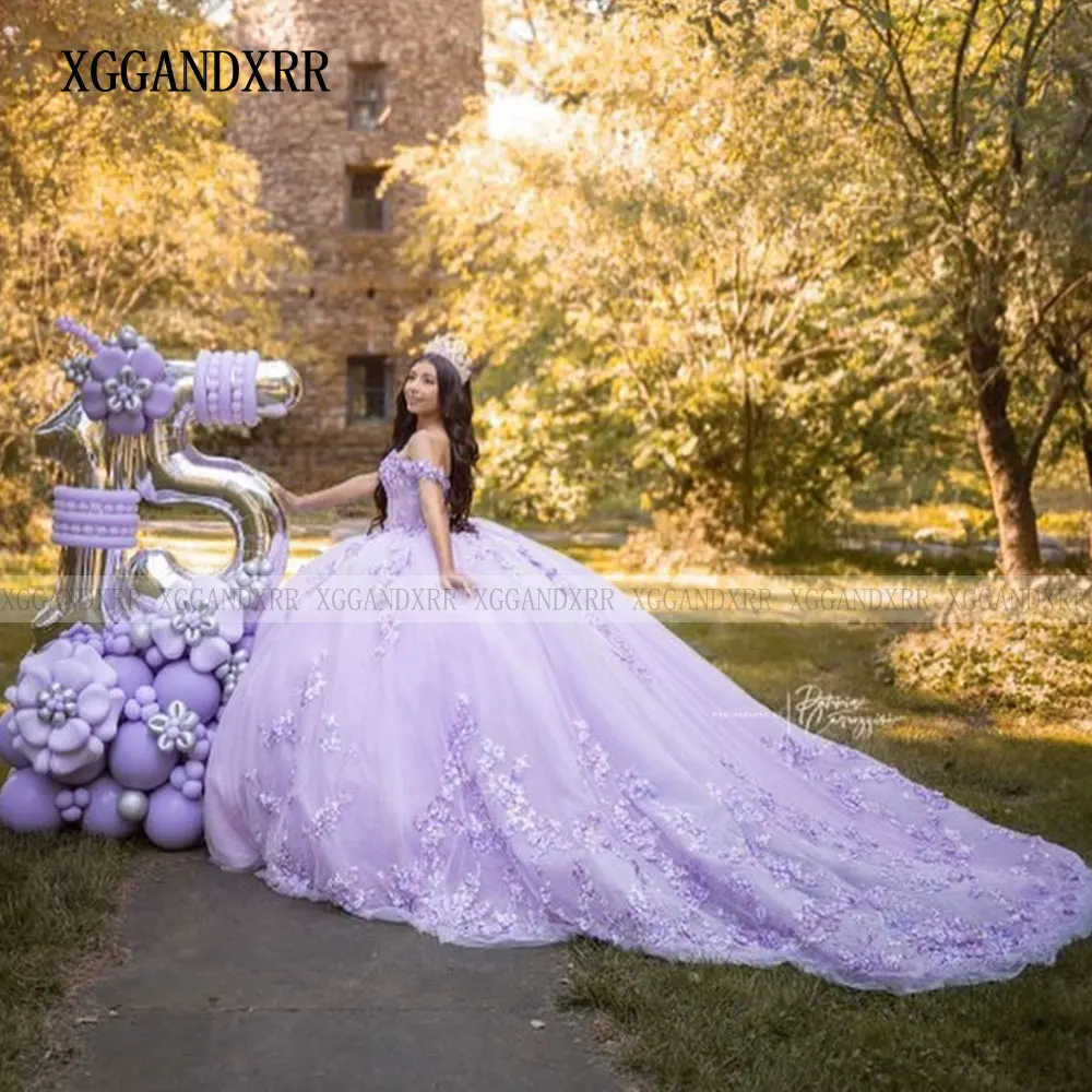 فساتين Quinceanera باللون الأرجواني الفاتح المخصصة 2024 أرجواني على شكل قلب مزين بالدانتيل على شكل كرة الأميرة الحلوة 16 فستان فيستدو دي 15 أنيوس