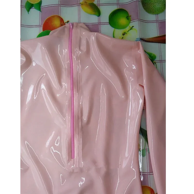 Baby Pink Men Latex Rubber Catsuit Socks Open Hole for Sheath with Back Zipper