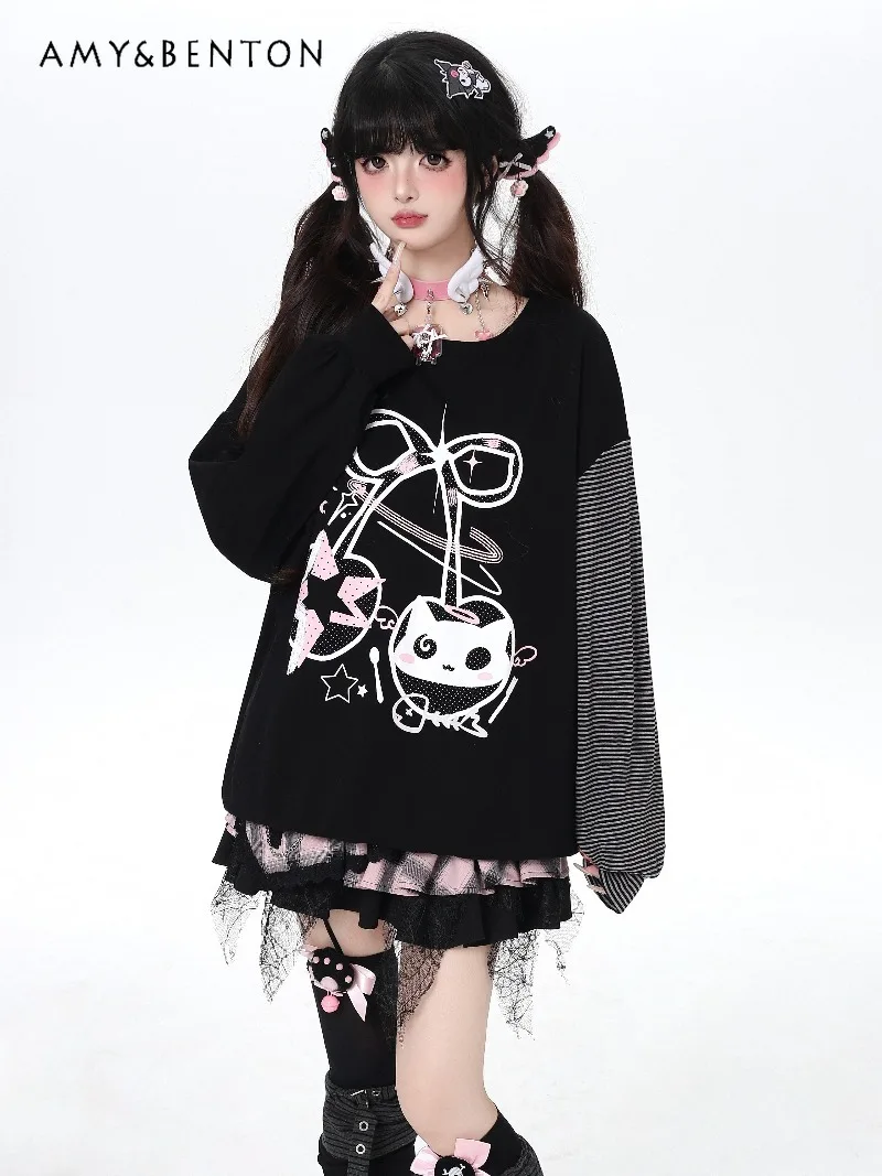 

Original Subculture Kawaii Print Sweet Striped Long Sleeve T-Shirt College Style Harajuku Round Neck Casual Oversized T-Shirt