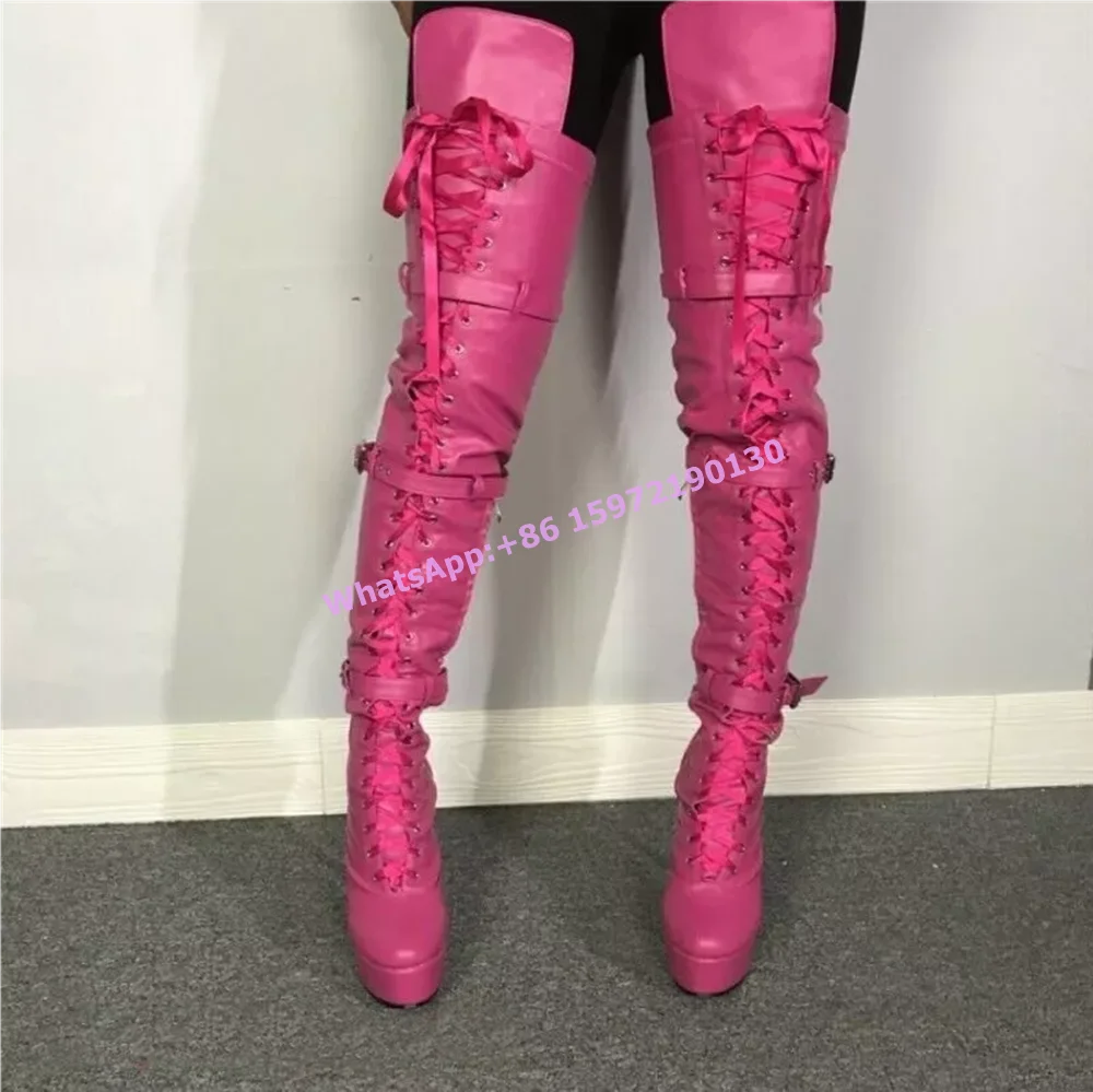 Rose Buckle Belt Long Boots Ribbon Cross Tied Platform Side Zipper High Heels Customize Color Boots Hotties Runway Fire Shoes