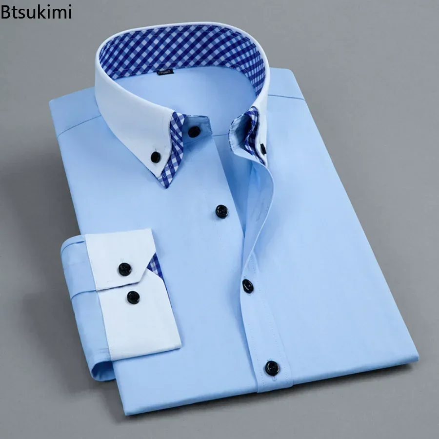 2025 Men's Dress Shirt Non Iron Fashion Double layer Long Sleeve Business Formal Regular Fit Office Camisa Social Shirts Male