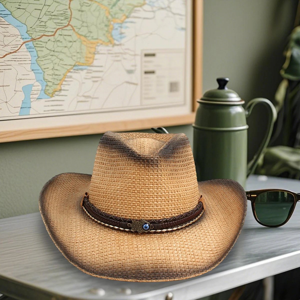 Ковбойская шляпа в винтажном стиле для женщин и мужчин — соломенная шляпа в стиле вестерн с широкими полями, кожаным ремнем и привлекательным дизайном