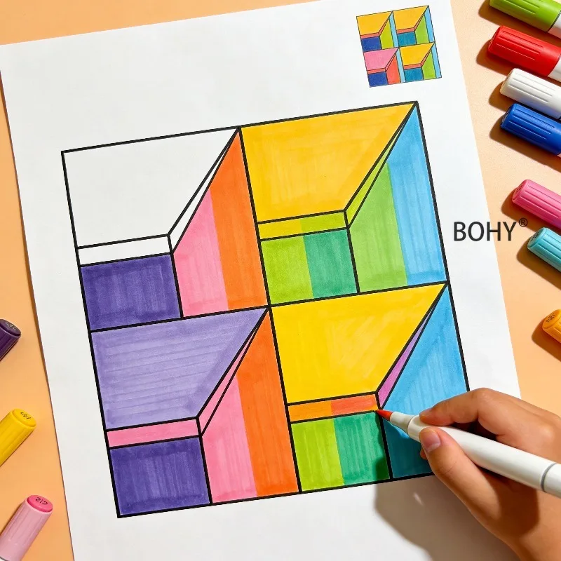 1 Loose Leaf 3D Painting Coloring Book, 16 Pages. It Provides Perspective Learning for Beginners, Spatial Thinking Enlightenment