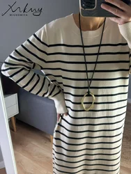 Autumn Striped Knitted Dresses For Women Long Sleeve Casual O Neck Maxi Dress Ladies Elegant White Women's Warm Dresses Long