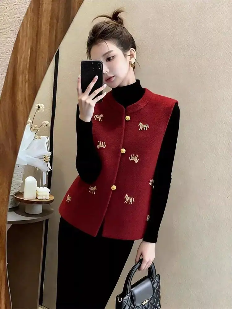 

Red New Chinese Sle Embroidered Vest Qingdao Woolen Coat High-End Sensation National Trend Women's Faion Outerwear