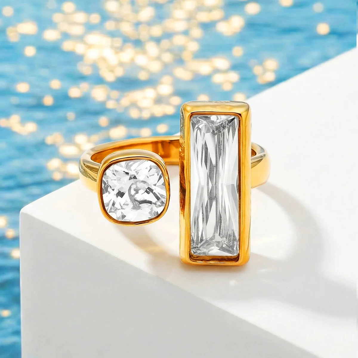 

Geometric Rectangle New Fashion Stainless Steel Ring for Women Cubic Zircon Open Adjustable Ring Jewelry Gift for Party Daily