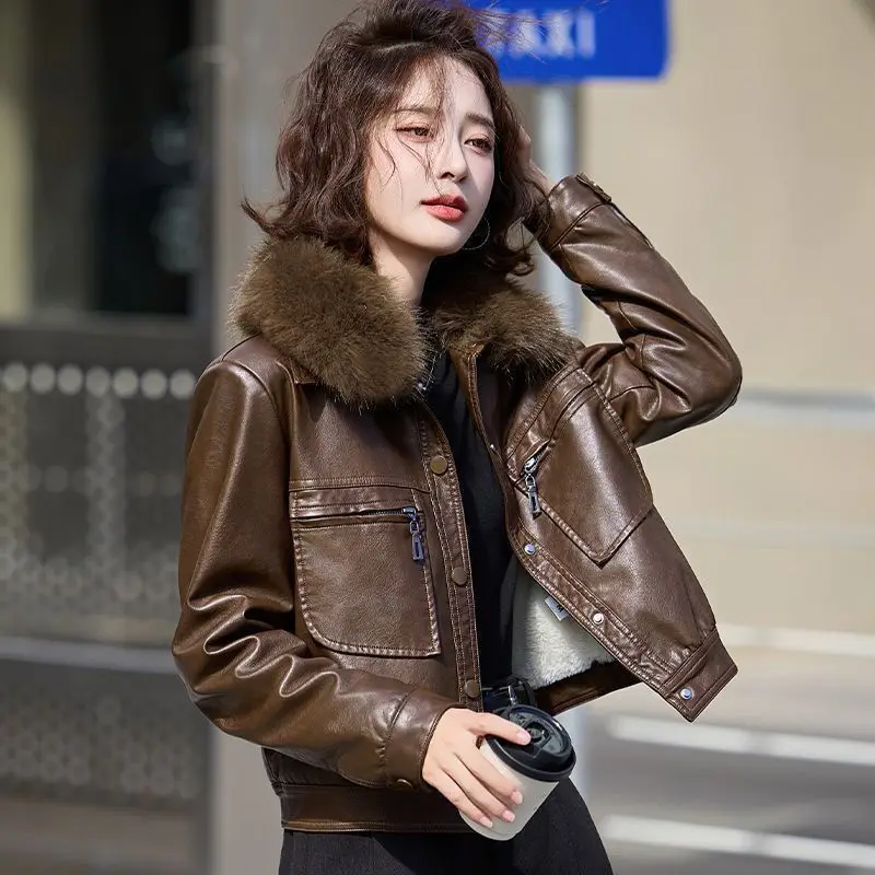 

Hairy Collar And Velvet Leather Jacket, Haining Women'S Winter Thick Fashion Short Casual Jacket