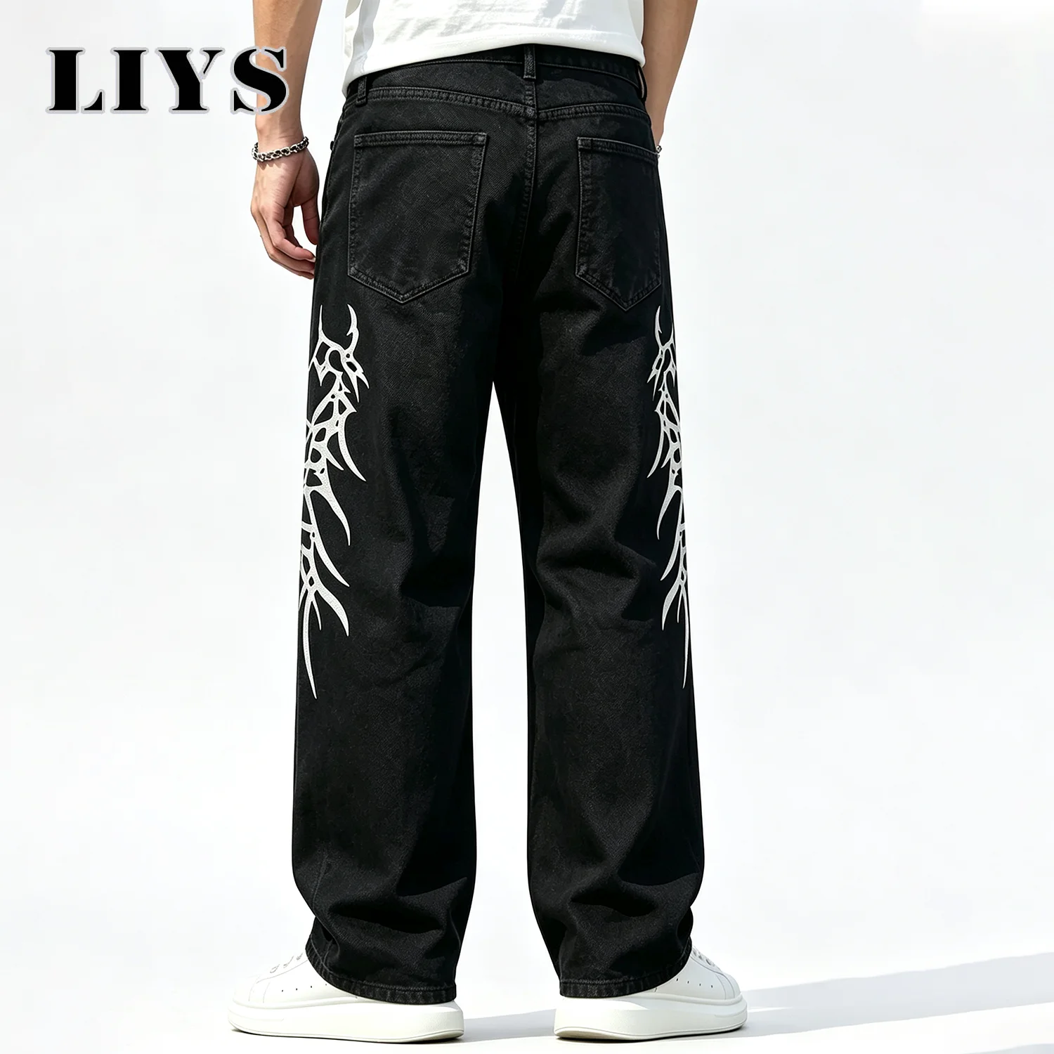 Men's Black Straight Leg Jeans Streetwear Denim Pants Y2K Streetwear Hip Hop Loose Straight Trousers Vintage Casual Trousers