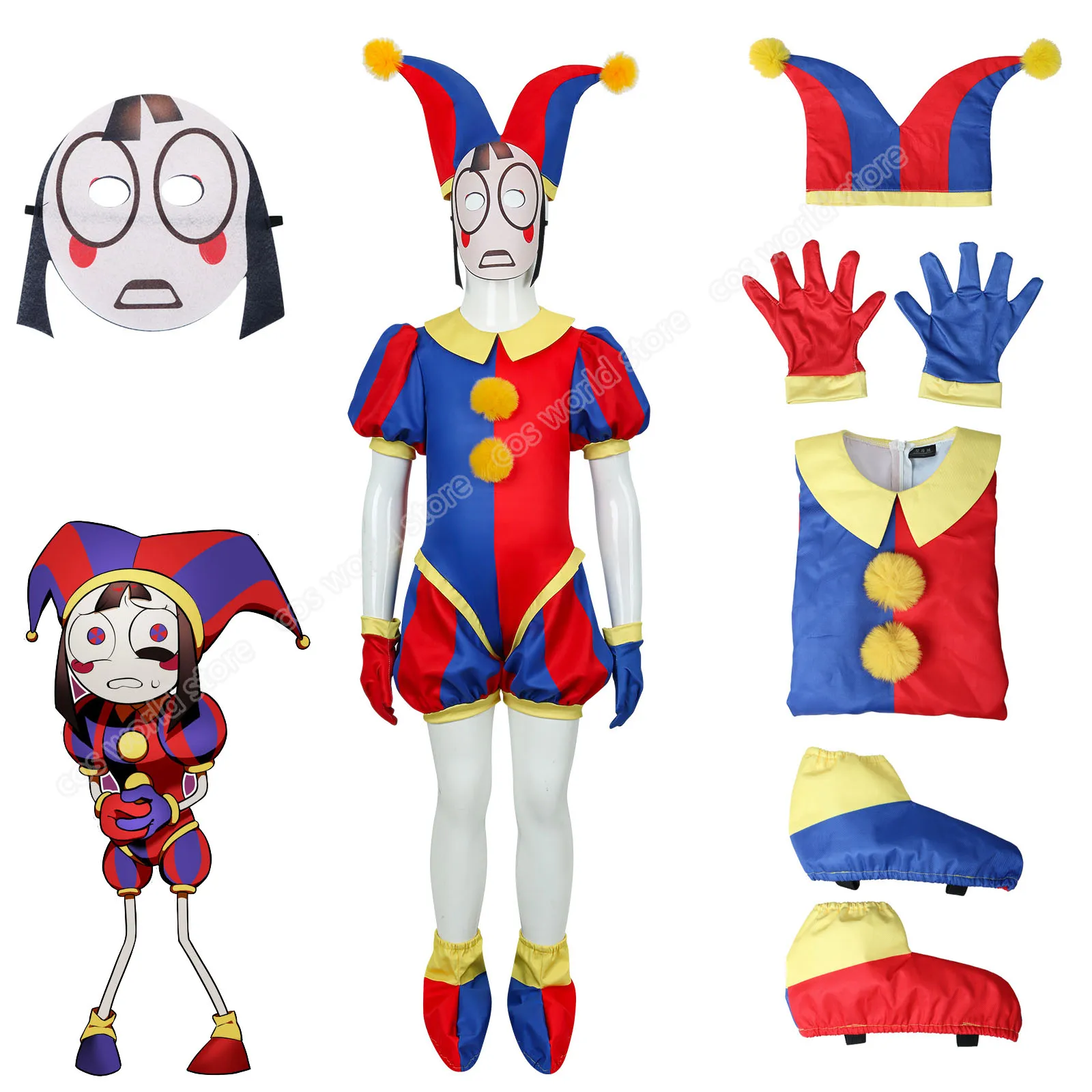 Anime das erstaunliche digitale Zirkus Pomni Cosplay Kostüm für Kinder Jungen Mädchen lustige Clown Overall Maske Hut Outfit Halloween Kostüm