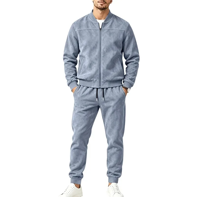 Men's Spring and Autumn Suede-Look Sports Outfit, Pilot Jacket with Full Zipper, Drawstring Casual Pants
