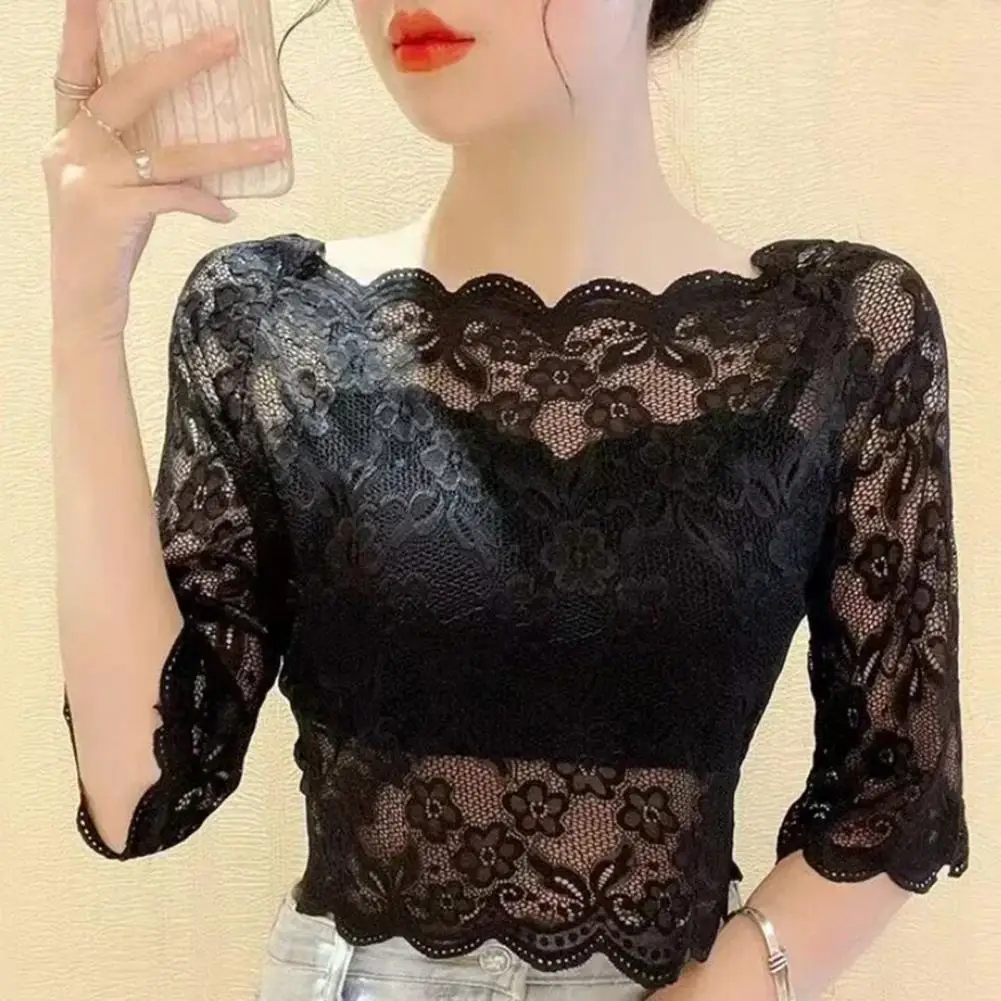 Women Lace Tops Summer Cropped Tops One-word Collar Half Sleeve Blouse Floral Plaid Sheer Sexy Top Embroidery Lace Pullover Tops