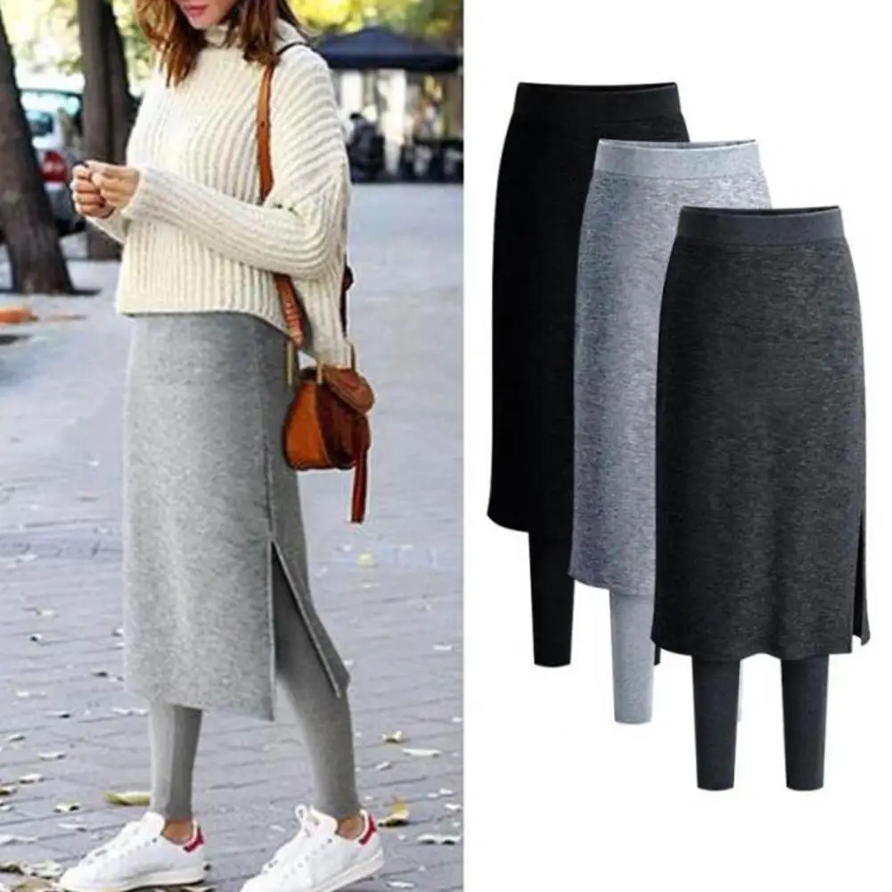 Women Fake Two Piece Leggings Warm Winter Culottes Loose Skirt Pants High Waist Warm Split Women Skirt Leggings Leg Warmers