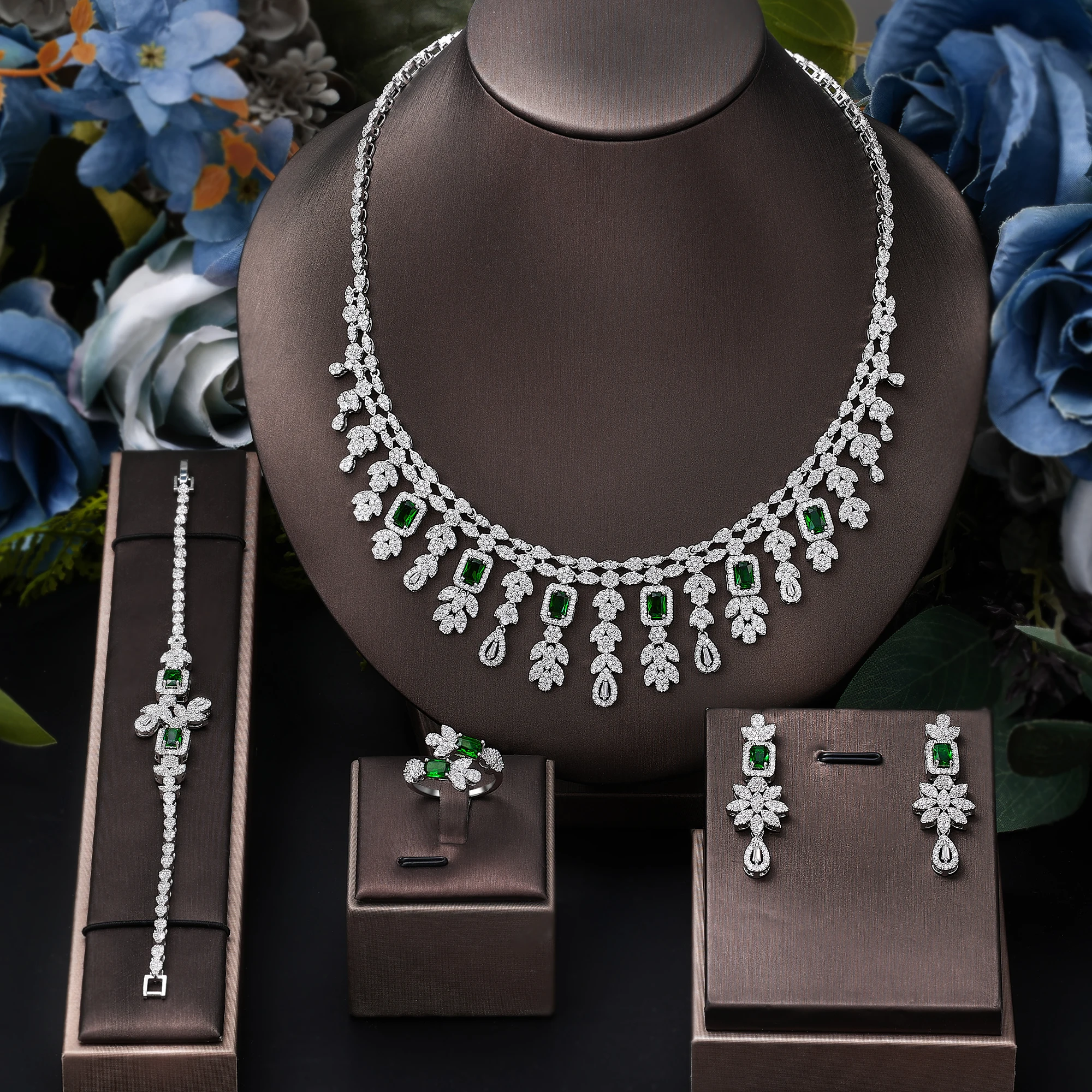 

Green Cubic Zirconia Dangle Necklace Earring 4-piece Jewelry Set for Women Luxury UAE Dubai Wedding Bridal Jewelry Sets Brides