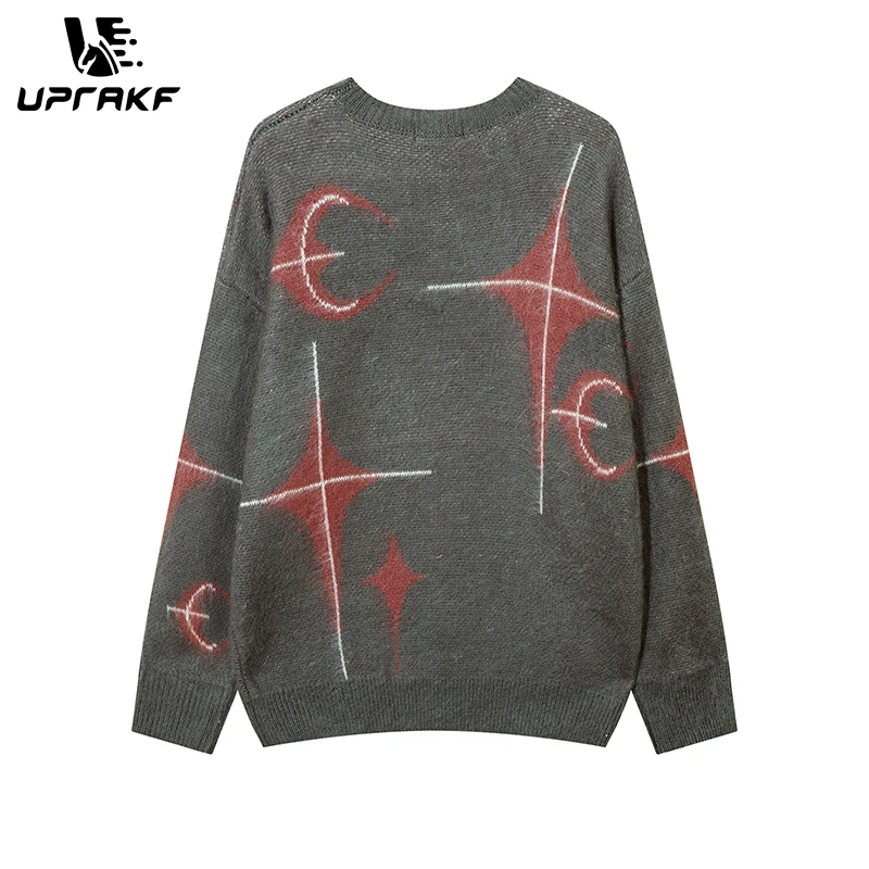 UPRAKF Y2K Star & Moon Graphic Sweater: Soft & Oversized Unisex Harajuku/Hip-Hop Black & Grey Streetwear