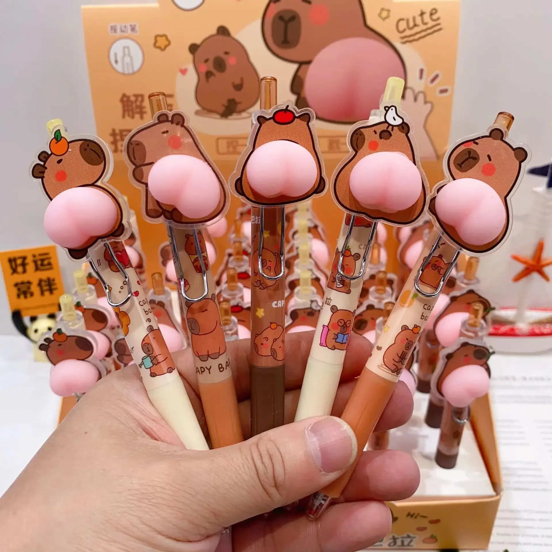 6Pcs/Set Kawaii Capybara Cartoon Butt Mechanical Gel Pens 0.5mm Cute Ballpoint Pen Korean Stationery Press Pens Kids Toys Gift