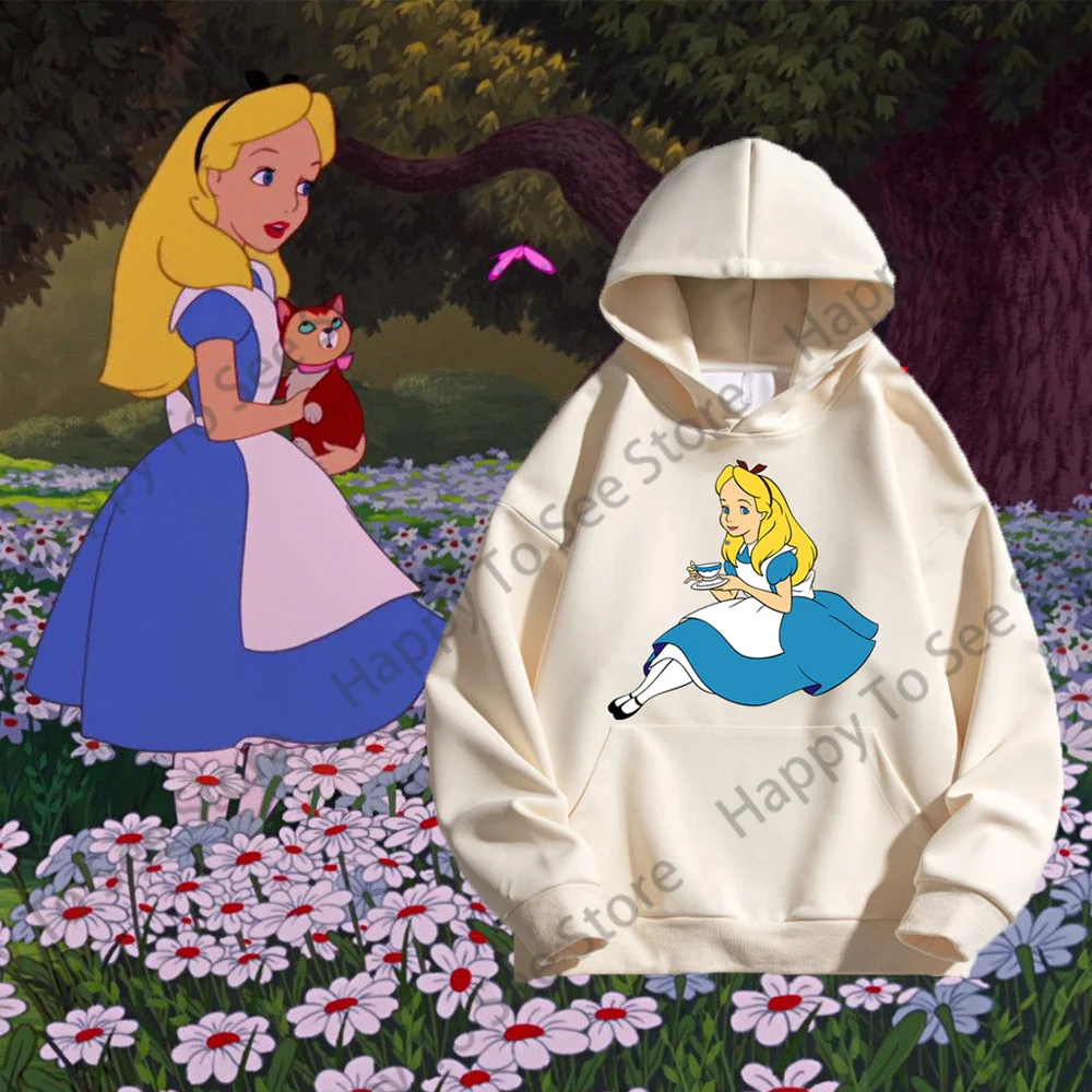 Alice In Wonderland Pattern Pure Cotton Hoodies Women\'s 2024 New Spring And Autumn Cute Tops Loose Cartoon Fun Style Pullover