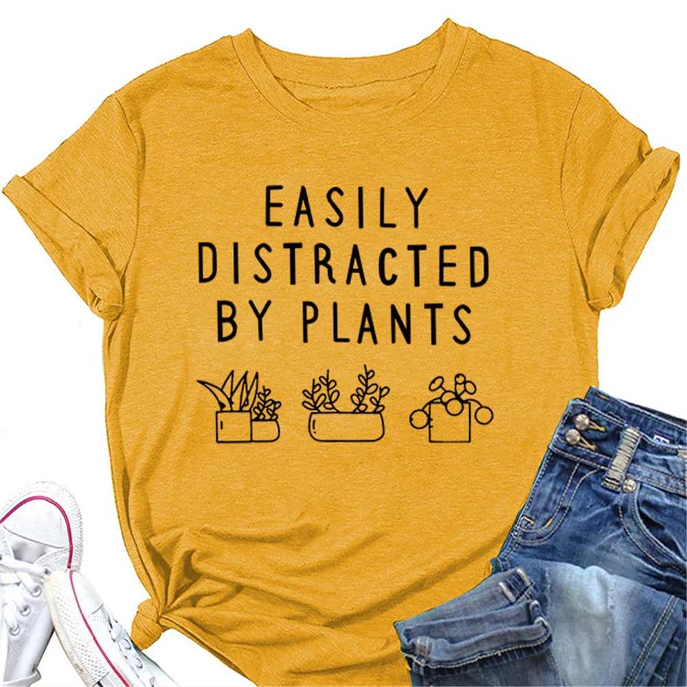 Easily Distracted By Plants T Shirt Women Plant Graphic Tshirts Funny Farm Premium Tops O-neck Gardener Garden Lover T-Shirt