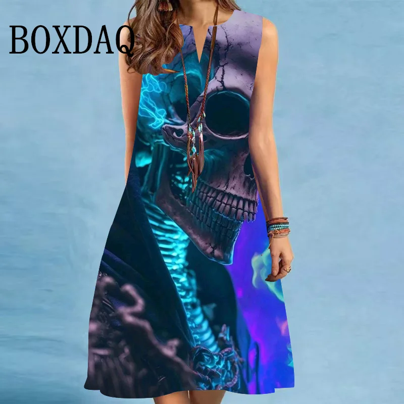 Fashion Tie Dye Gradient 3D Skull Dresses For Women 2025 New Summer Sleeveless Loose Midi Dress Casual V-Neck Party A-Line Dress