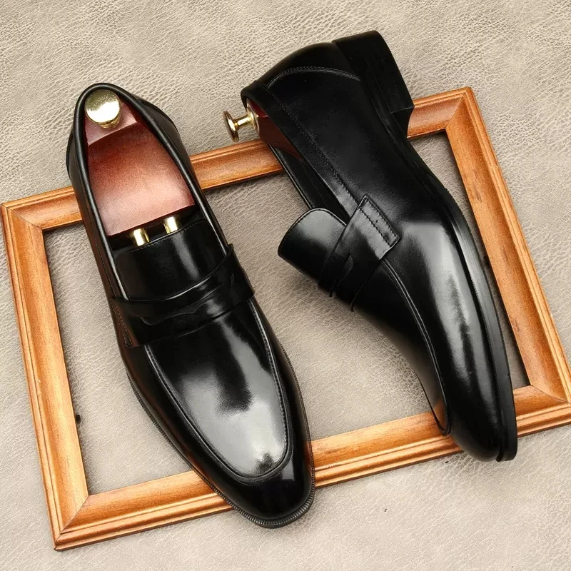 HNXC Men Italian Dress Shoes Genuine Leather Office Casual Oxford Elegant Wedding Square Head Black Formal Loafers Shoes Men