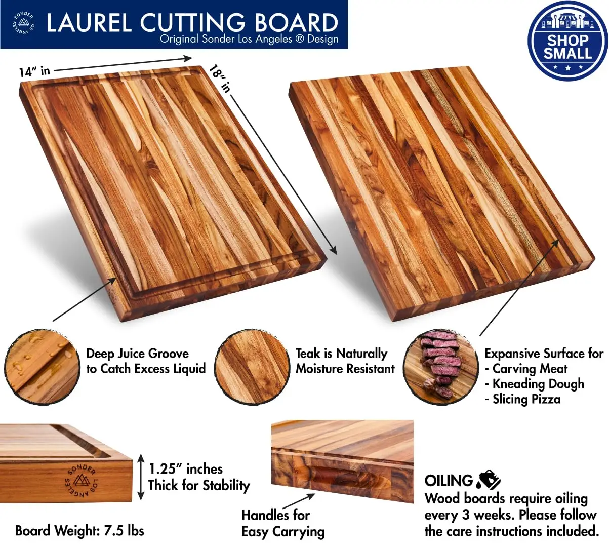 der Los Angeles, Large Teak Wood Cutting Board For Kitchen With Juice Groove, Reversible Charcuterie Butcher Block