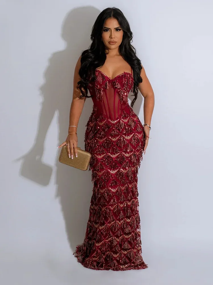 

Sexy Spaghetti Strap Backless Bodycon Evening Club Party Dresses for Women Elegant Tassel Sequined Long Dress Birthday Femme