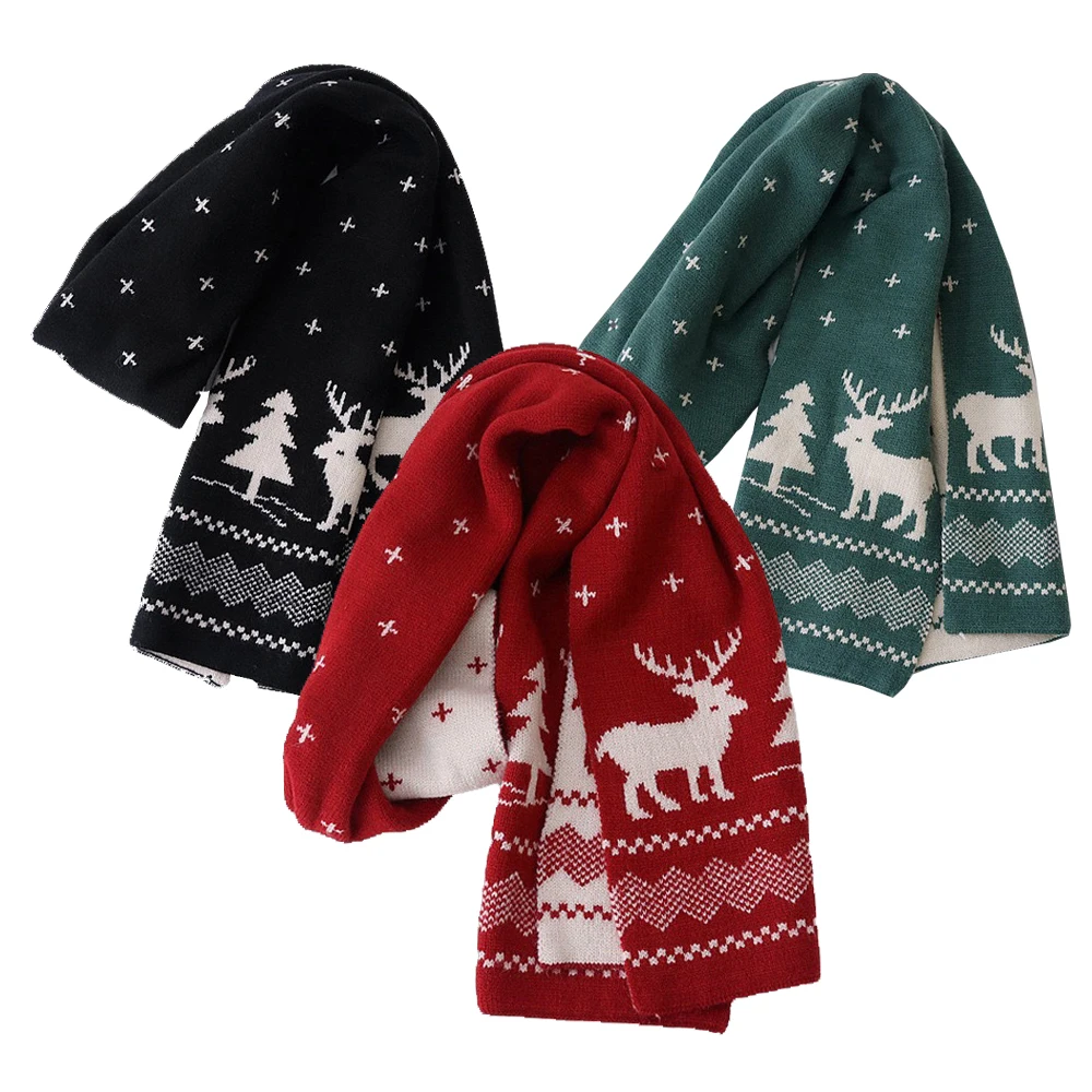 Christmas Women Men Scarf Double-Sided Deer Elk Teenager Girls Boys Knitted Shawl Adult Winter Scarves Family New Year Gift