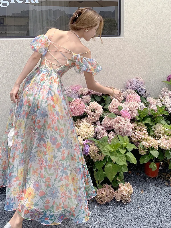 summer-french-vintage-floral-one-shoulder-puff-sleeve-dress-elegant-retro-style-women's-fashion-sunscreen-clothing