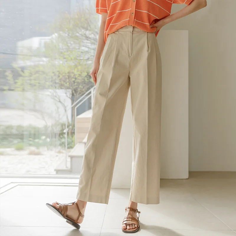 9 Points Straight-Leg Pants 2023 New Women's Summer Thin Small Narrow Wide-Leg Pants Cotton and Linen Casual Tappered Pants