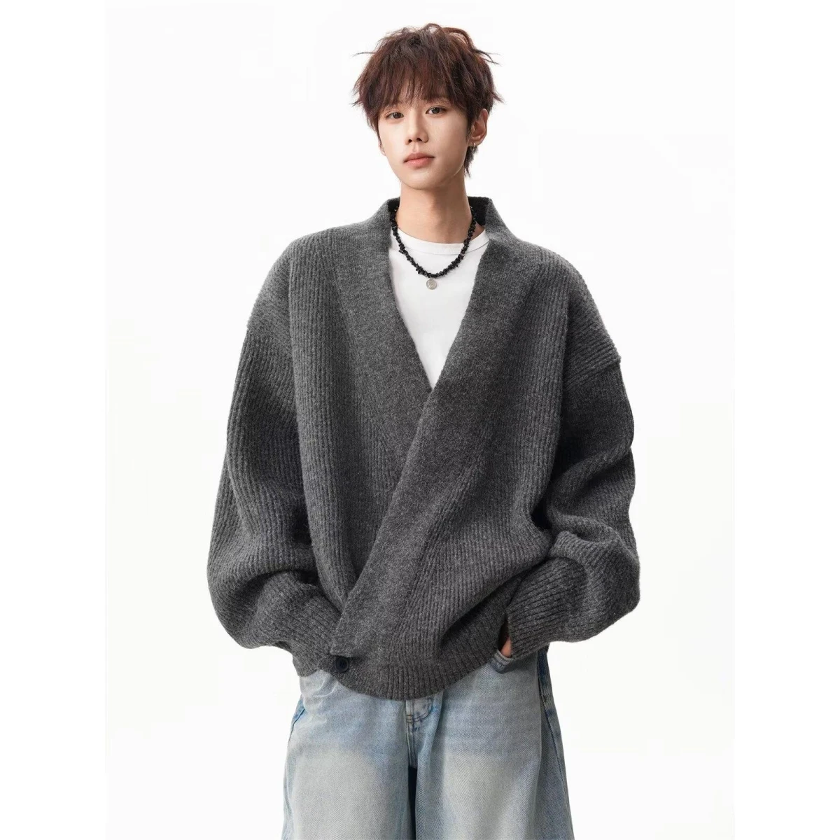 

Мужской свободный кардиган-жакет в корейском стиле, повседневная верхняя одежда, весна-осень, модный, из полиэфирного волокна, с длинным рукавом, с отложным воротником