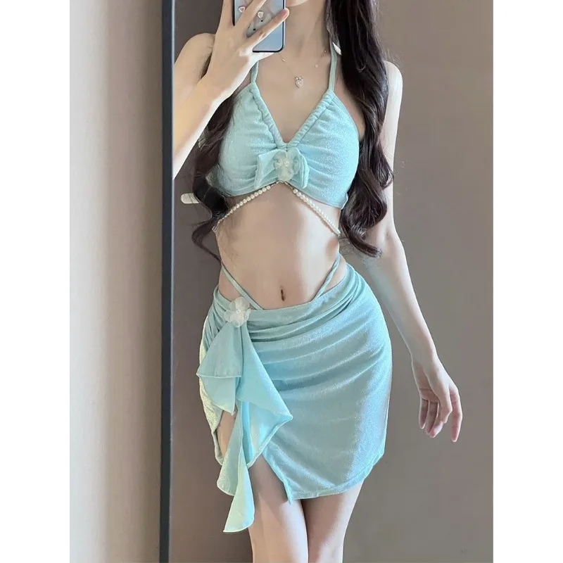 Women's Bikini Set Light Blue Glitter Halter Bow Top With Pearl Chain With Floral Decor Sexy Summer Beach Bathing Suit Swimwear