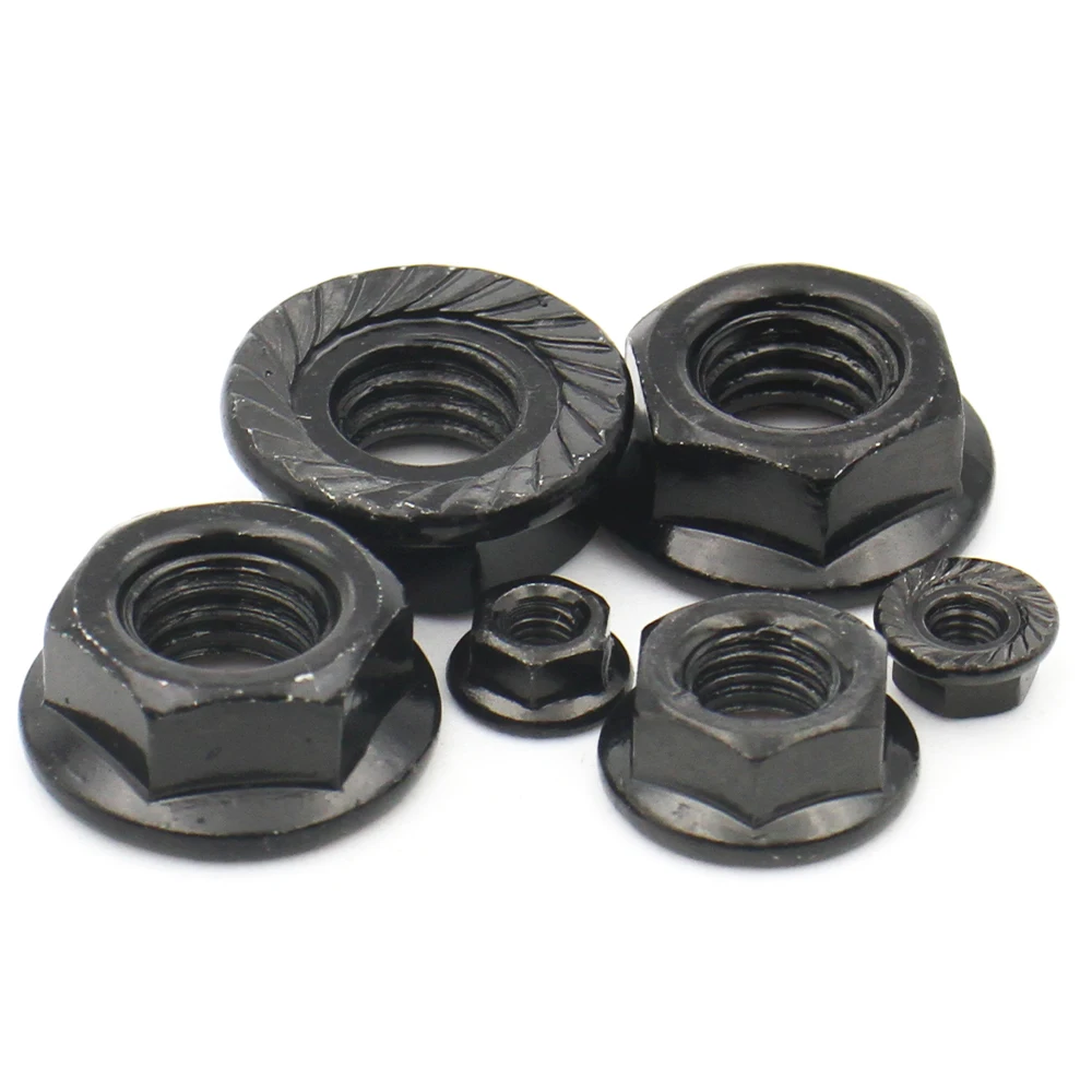 2/ 5/ 10/ 20pcs M3 M4 M5 M6 M8 M10 M12 Black Carbon Steel Hexagon Hex Head Serrated Spinlock Flange Nut Lock