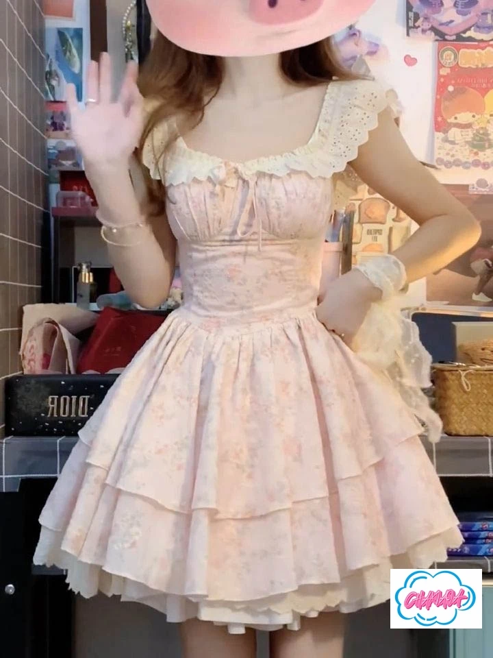 

Summer Super Fairy Sweet and Cute Lolita Short Skirt French Gentle Wind Small Flying Sleeves Lace Splicing Floral Dress Women
