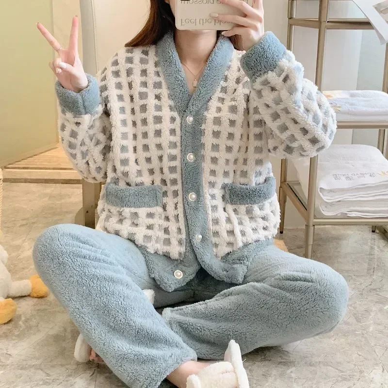 Флисовые домашние брюки, пижамы, ночной комплект, костюм, одежда для сна, модная женская одежда 2023, карманная пижама с v-образным вырезом, пушистая теплая зимняя клетчатая 2
