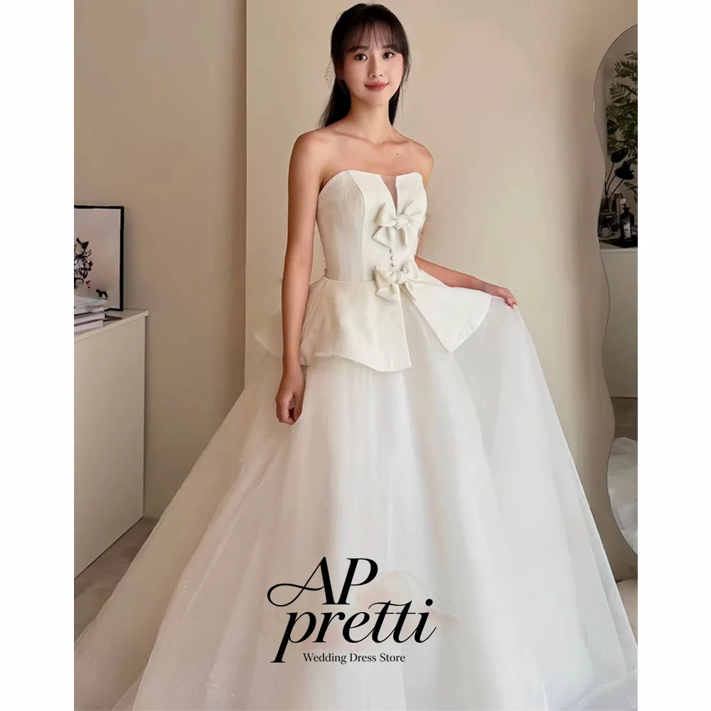 AP pretti Sweet Ivory Strapless Bow Tulle Korea Wedding Dress Photo Shoot Ruffle Puffy Ball Sleeveless Bridal Gown Customized