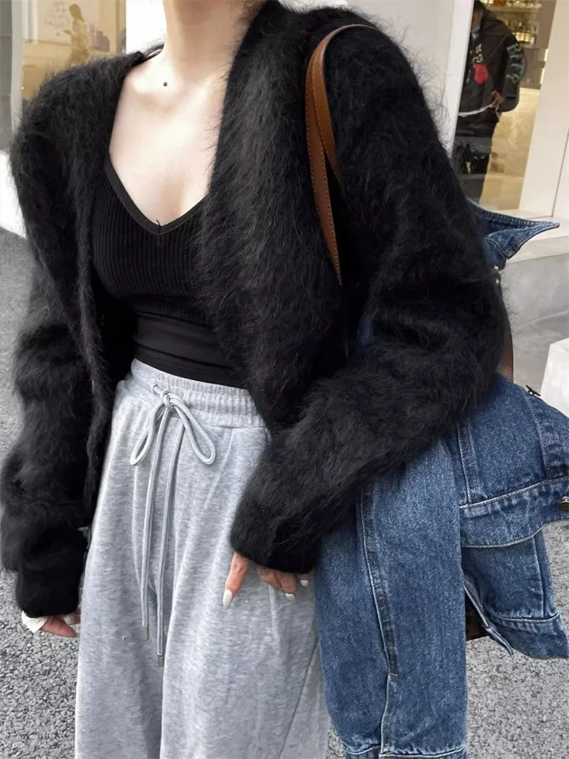 Autumn And Winter Korean Short Black Mink Fur Sweater Women\'s Lazy Style Knitted Cardigan Jacket Furry Top