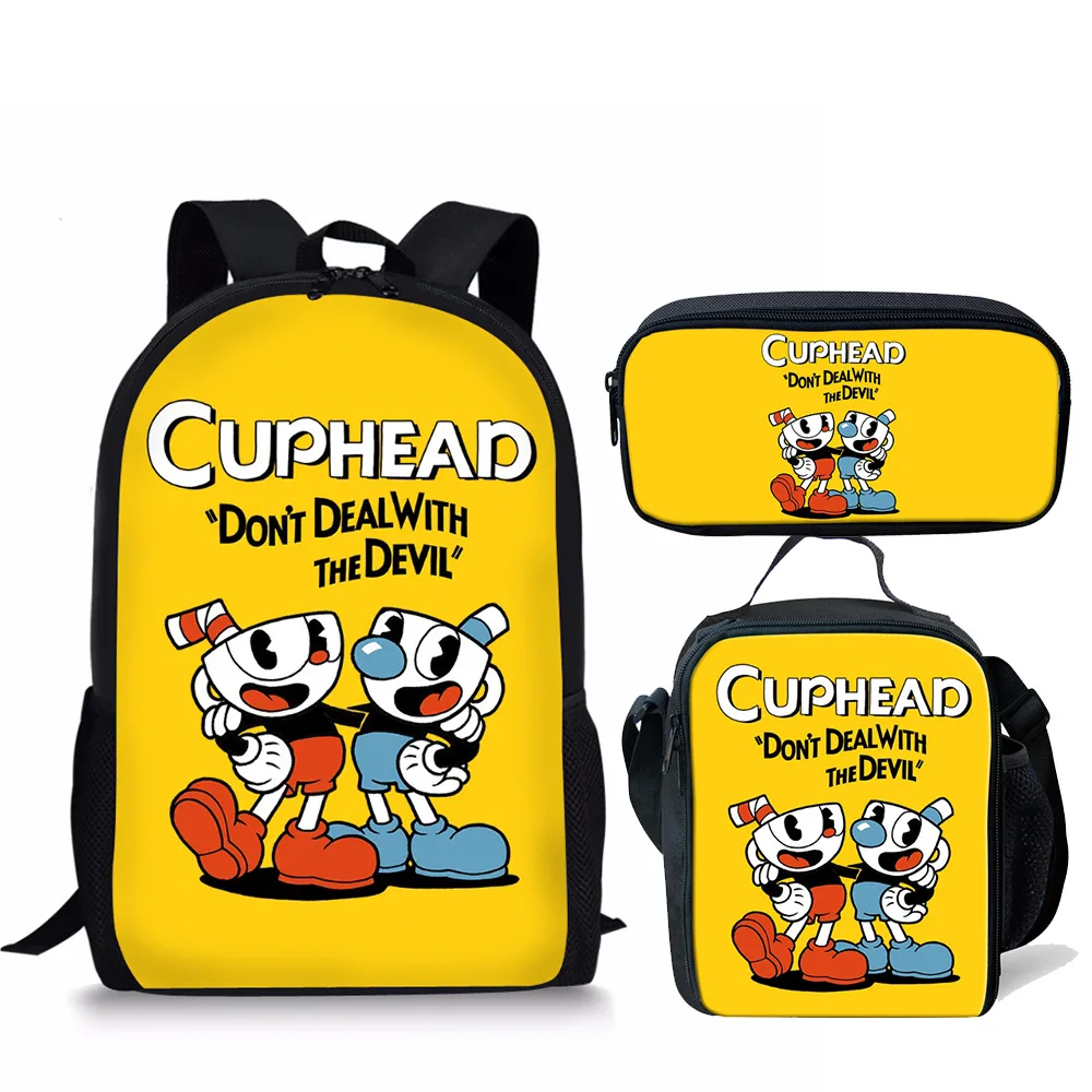 Cartoon Novelty Cool Cuphead Pattern 3D Print 3pcs/Set pupil School Bags Laptop Daypack Backpack Lunch bag Pencil Case