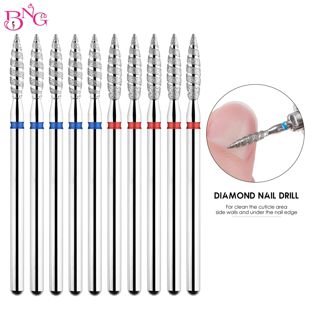 BNG 5Pcs Tornado Flame Diamond Nail Drill Bit 3/32 Shank Manicure Fits Rotary Burr Drill Akcesoria Spiral Nail Mills Tools