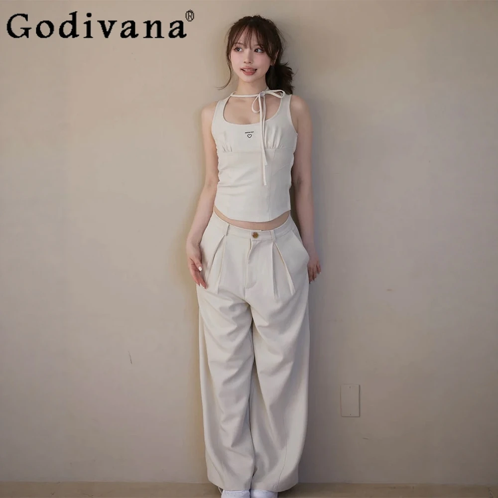 

Japanese Sweet Heart Letter Embroidery Straight Pants + Vest 2-Piece Set 2025 New Women's Slim Fit Daily Basic Casual Pant Sets
