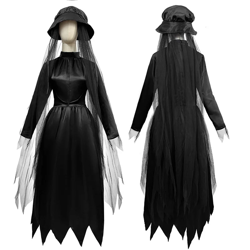 

Halloween Adults Witch Party Dress Gothic Ghost Costume Carnival Dress Up Party with Hat Vampire Uniform Robe