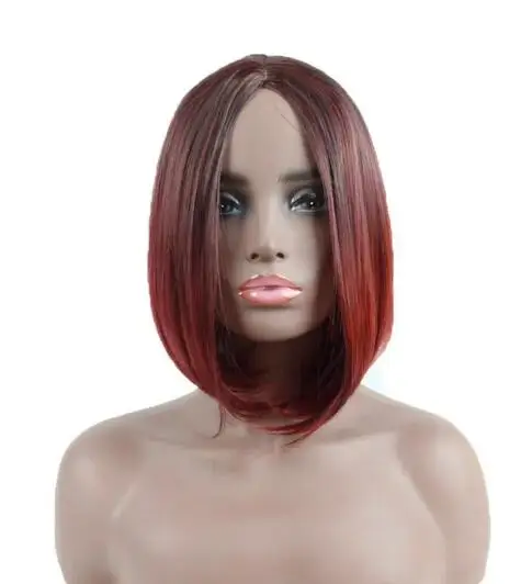 Best-selling wig female black gradient Burgundy medium part bangs short straight  synthetic high temperature silk wig